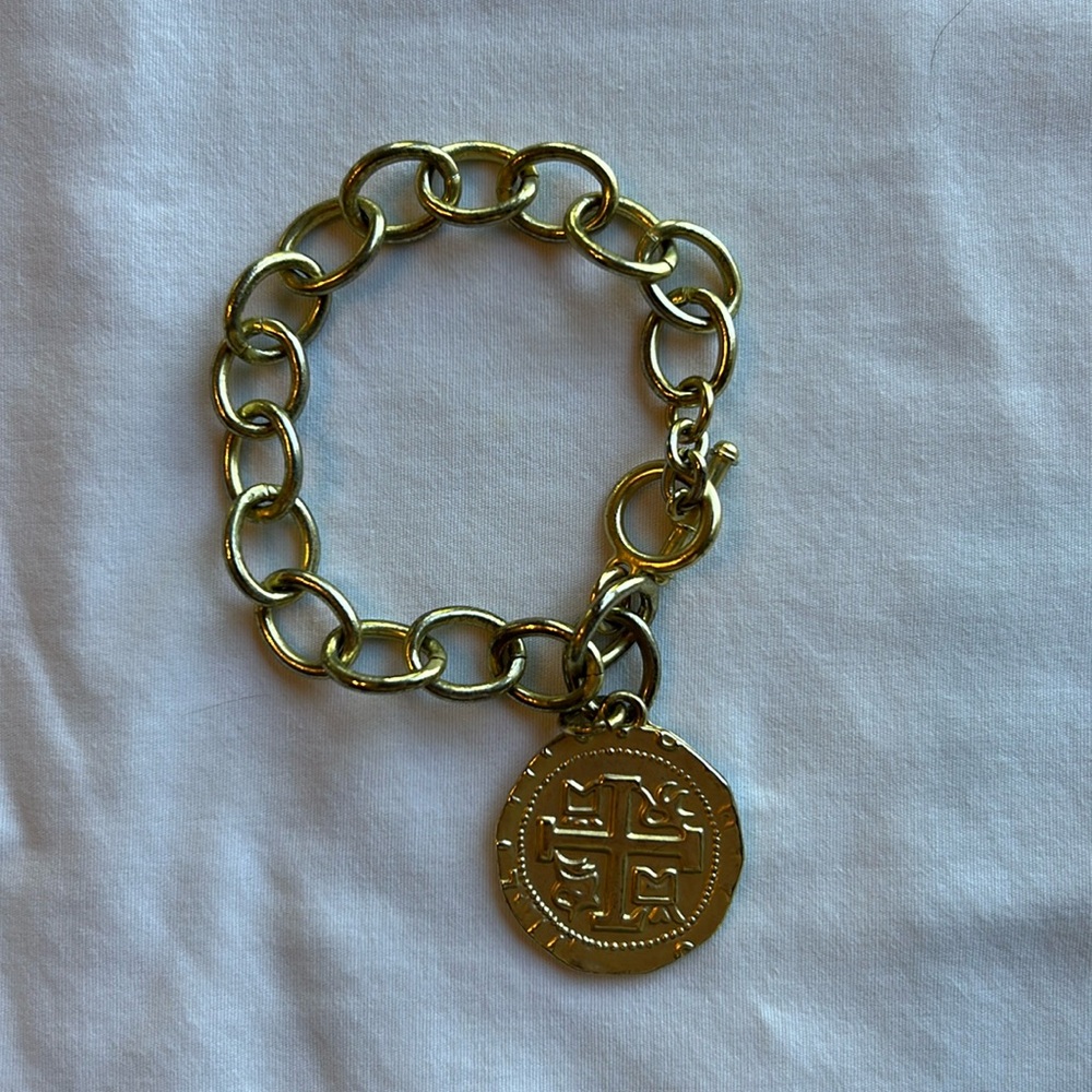 PERUIVIAN COIN TOGGLE BRACELET GOLD TONE CROSS CHAIN CHARM BOHO BOHEMIAN